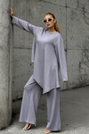 Gri Rahat Kalıp Asimetrik Bluz Ve Pantolon Modal Kumaş Alt Üst Takım BCVL-25V231