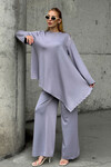 Gri Rahat Kalıp Asimetrik Bluz Ve Pantolon Modal Kumaş Alt Üst Takım BCVL-25V231