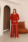 Kırmızı Çizgi Desenli Triko Kazak Ve Yırtmaçlı Pantolon Triko Alt Üst Takım BCES-253008