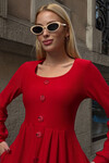 Kırmızı Geniş Yaka Düğme Detaylı Çift Cepli Yumuşak Dokulu Kumaş Örme Elbise BCVL-25V239