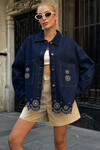 Lacivert Çift Cepli Düğme Kapamalı Etnik Nakışlı Oversize Jean Ceket BCHESQ-251150