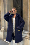 Lacivert Çift Cepli Kapüşonlu Uzun Kışlık Buklet Ceket BCVL-25V221