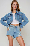 Mavi Yıpratmalı Vintage  Dikiş Detaylı Crop Jean Ceket BCHNW-251179