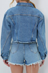 Mavi Yıpratmalı Vintage  Dikiş Detaylı Crop Jean Ceket BCHNW-251179