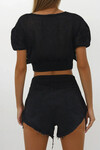Siyah 4 Cepli Bağcık Detaylı Püsküllü Kot Şort BCHNW-251190