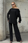 Siyah Düşük Yaka Rahat Kesim Yumuşak Dokulu Bluz Ve Pantolon Alt Üst Takım