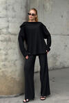 Siyah Düşük Yaka Rahat Kesim Yumuşak Dokulu Bluz Ve Pantolon Alt Üst Takım