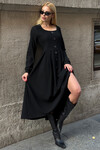 Siyah Geniş Yaka Düğme Detaylı Çift Cepli Yumuşak Dokulu Kumaş Örme Elbise BCVL-25V239