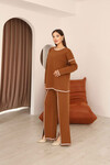 Tarçın Kahve Çizgi Desenli Triko Kazak Ve Yırtmaçlı Pantolon Triko Alt Üst Takım BCES-253008