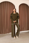 Zeytin Yeşili Çizgi Desenli Triko Kazak Ve Yırtmaçlı Pantolon Triko Alt Üst Takım BCES-253008