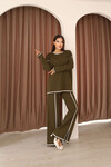 Zeytin Yeşili Çizgi Desenli Triko Kazak Ve Yırtmaçlı Pantolon Triko Alt Üst Takım BCES-253008