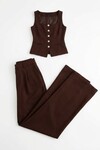 Acı Kahve Brit Detaylı Kare Yaka Crep Bluz Ve Pantolon Alt Üst Takım