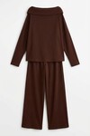 Acı Kahve Düşük Yaka Rahat Kesim Yumuşak Dokulu Bluz Ve Pantolon Alt Üst Takım