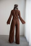 Acı Kahve Geniş Kol Düğme Detaylı Yakalı Bluz Ve Palazzo Pantolon Alt Üst Takım