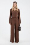 Acı Kahve Geniş Kol Düğme Detaylı Yakalı Bluz Ve Palazzo Pantolon Alt Üst Takım