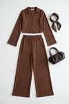 Acı Kahve Geniş Kol Düğme Detaylı Yakalı Bluz Ve Palazzo Pantolon Alt Üst Takım