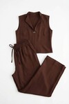 Acı Kahve Hakim Yaka Bluz Ve Beli Lastikli Dokuma Pantolon Alt Üst Takım