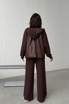 Acı Kahve Yumuşak Dokulu Garnili Kapüşonlu Sweatshirt Ve Pantolon Alt Üst Takım