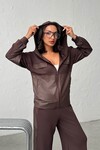 Acı Kahve Yumuşak Dokulu Garnili Kapüşonlu Sweatshirt Ve Pantolon Alt Üst Takım