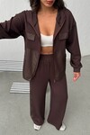 Acı Kahve Yumuşak Dokulu Garnili Kapüşonlu Sweatshirt Ve Pantolon Alt Üst Takım