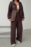 Acı Kahve Yumuşak Dokulu Garnili Kapüşonlu Sweatshirt Ve Pantolon Alt Üst Takım