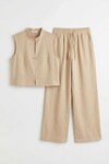Bej Hakim Yaka Bluz Ve Beli Lastikli Dokuma Pantolon Alt Üst Takım
