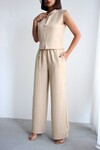 Bej Hakim Yaka Bluz Ve Beli Lastikli Dokuma Pantolon Alt Üst Takım