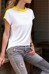 Beyaz Color Block Omzu Garnili Tshirt