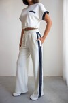 Beyaz Renk Bloklu Beli Lastikli Yumuşak Dokulu Kumaş Alt Üst Takım