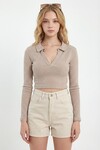 Bisküvi Polo Yaka Fitilli Yumuşak Dokulu Çizgili Crop Bluz