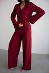 Bordo Geniş Kol Düğme Detaylı Yakalı Bluz Ve Palazzo Pantolon Alt Üst Takım