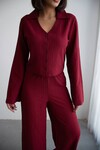 Bordo Geniş Kol Düğme Detaylı Yakalı Bluz Ve Palazzo Pantolon Alt Üst Takım