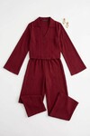 Bordo Geniş Kol Düğme Detaylı Yakalı Bluz Ve Palazzo Pantolon Alt Üst Takım