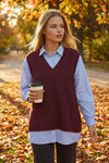 Bordo Gömlek Detaylı V Yaka Triko Süveter Bluz BCHPK-251251
