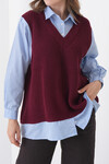 Bordo Gömlek Detaylı V Yaka Triko Süveter Bluz BCHPK-251251