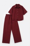 Bordo Keten Gömlek Ve Palazzo Pantolon Takım