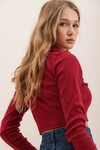 Bordo Polo Yaka Fitilli Yumuşak Dokulu Crop Bluz