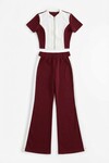 Bordo Renk Bloklu Fermuarlı Yumuşak Dokulu Kumaş Eşofman Takımı