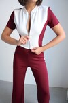 Bordo Renk Bloklu Fermuarlı Yumuşak Dokulu Kumaş Eşofman Takımı