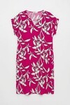 Fuşya Tropik Desenli V Yaka Oversize Midi Elbise