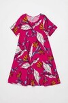 Fuşya Yaprak Desenli U Yaka Kısa Kollu Midi Boy Elbise