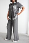 Gri File Detaylı Tensel Kot Kumaş Gömlek Ve Pantolon Alt Üst Takım