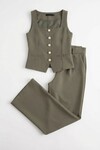Haki Brit Detaylı Kare Yaka Crep Bluz Ve Pantolon Alt Üst Takım