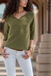 Haki Yakası Yırtmaçlı Krep Bluz