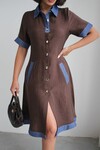 Kahve Denim Garnili Düğmeli Tensel Dokuma Elbise