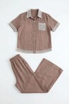 Kahverengi File Detaylı Tensel Kot Kumaş Gömlek Ve Pantolon Alt Üst Takım