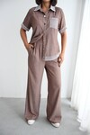 Kahverengi File Detaylı Tensel Kot Kumaş Gömlek Ve Pantolon Alt Üst Takım