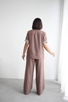 Kahverengi File Detaylı Tensel Kot Kumaş Gömlek Ve Pantolon Alt Üst Takım