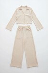 Krem Geniş Kol Düğme Detaylı Yakalı Bluz Ve Palazzo Pantolon Alt Üst Takım