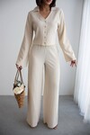 Krem Geniş Kol Düğme Detaylı Yakalı Bluz Ve Palazzo Pantolon Alt Üst Takım